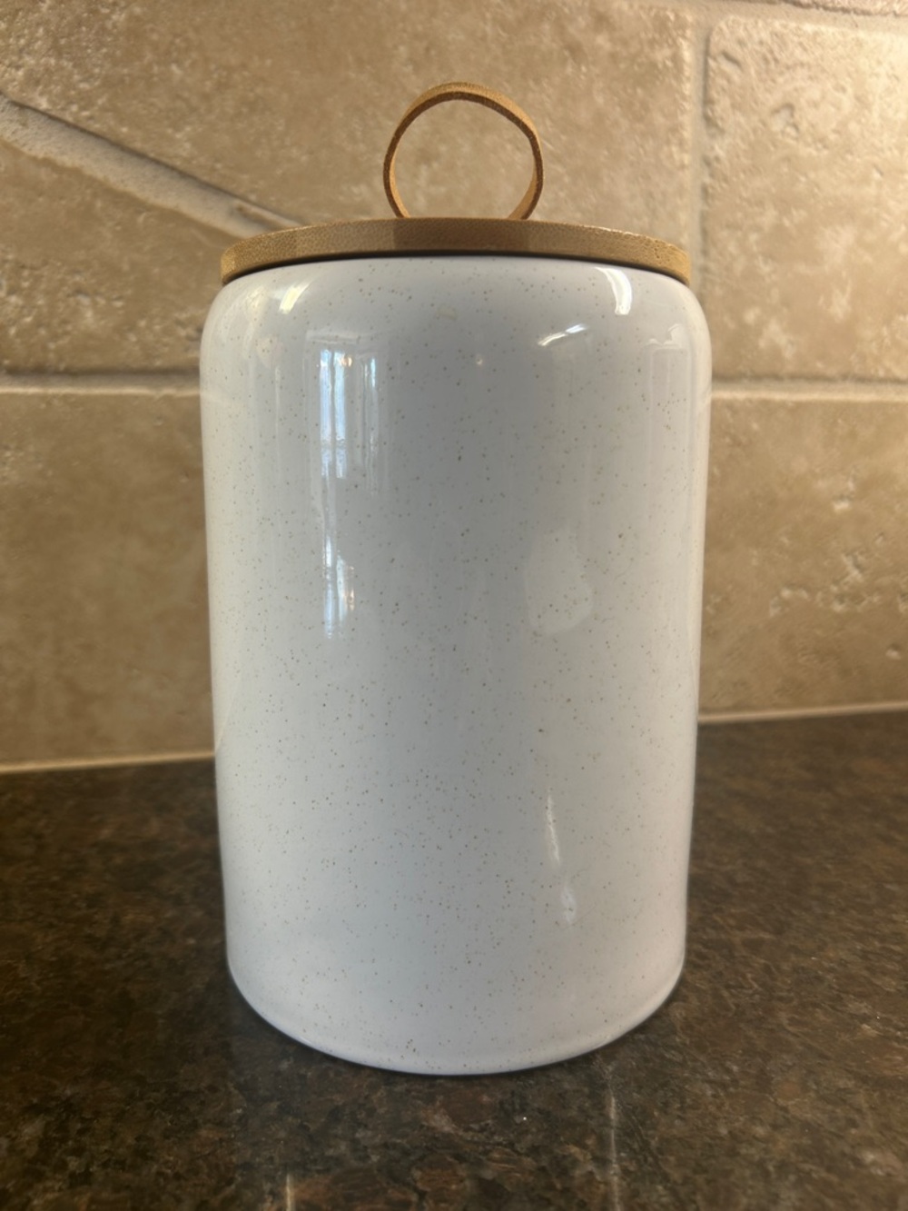 Speckled White Ceramic Canister with Bamboo Lid